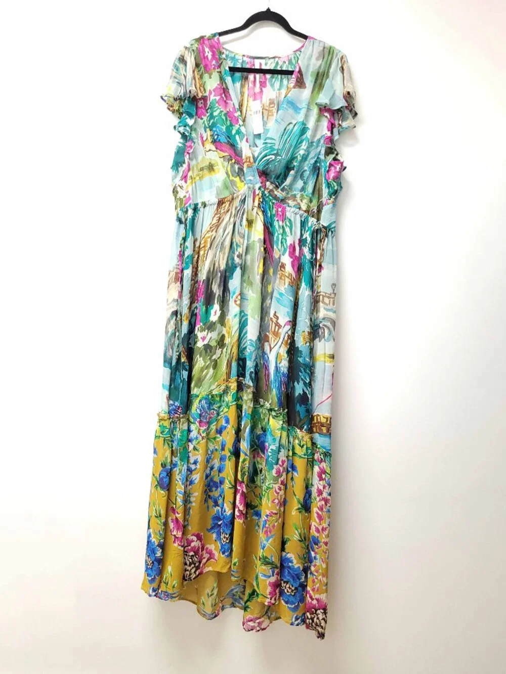 By Anthropologie V-Neck Flutter-Sleeve Maxi Dress Size XL Multicolor Lined